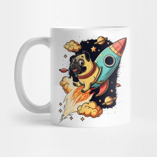 pug flying into space with a rocket Mug